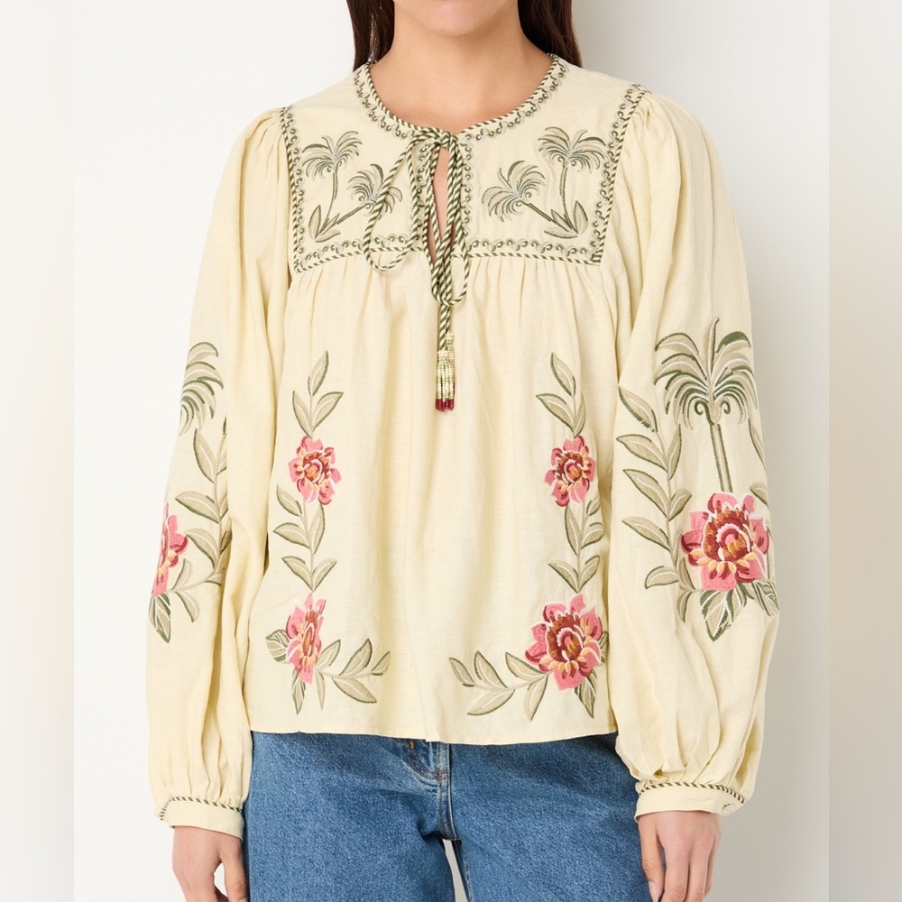 FARM Rio Cream tropical flower linen blend Blouse with Pink Floral Embroidery